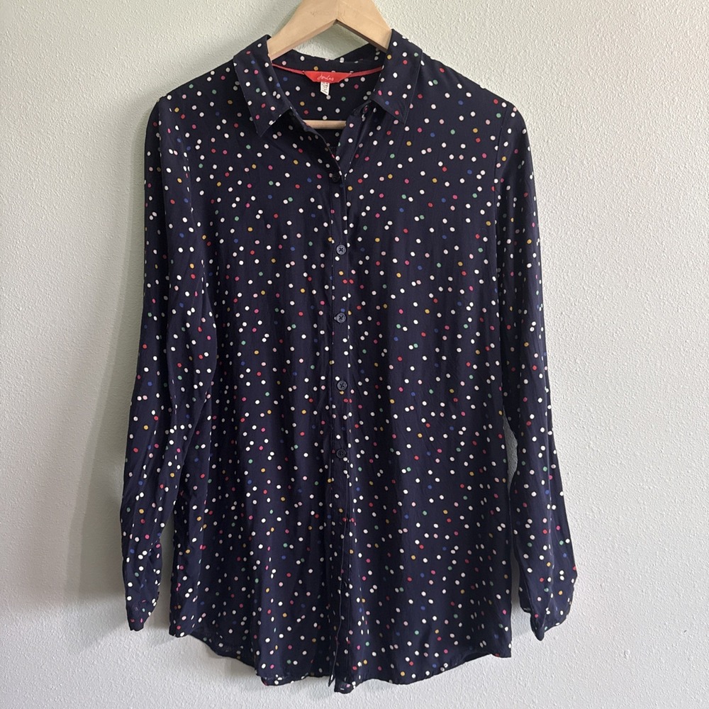 Joules Elvina Vibrant muticolor polka dot dark navy button up Blouse womens US 6